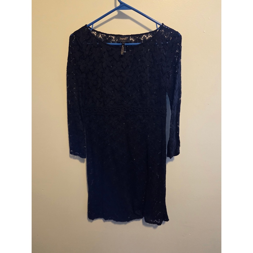 Laundry by Shelli Segal Navy Blue Floral Lace Empire Waist Sheath Dress 2 - Picture 2 of 3